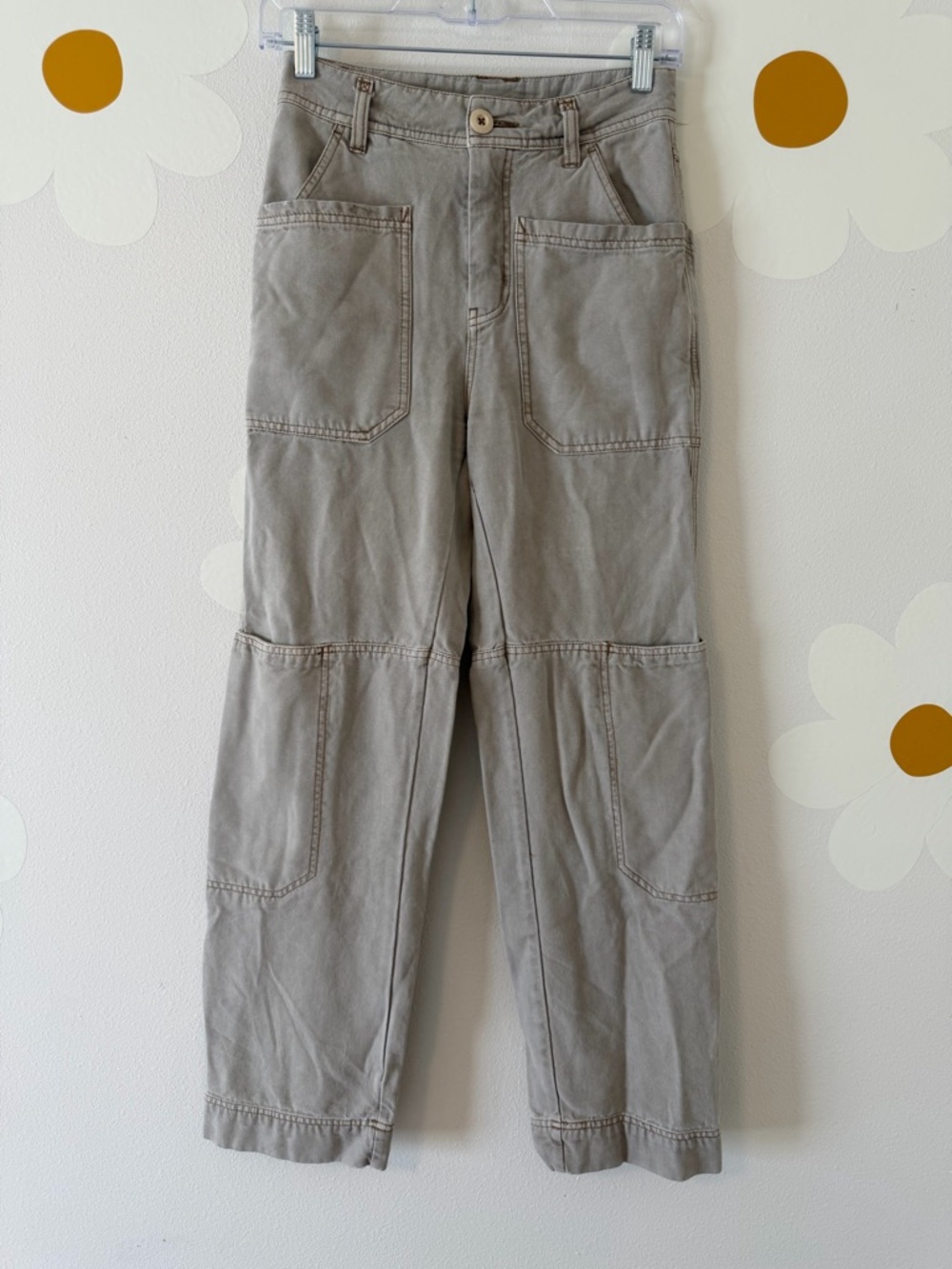 Free People Light Taupe Wide Leg Cargo Carpenter Pants